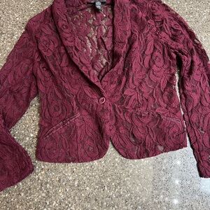 INC International Concepts Burgundy Floral Lace One Button Blazer Size L Sheer